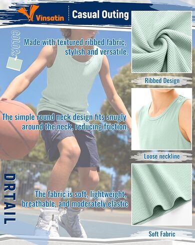 Boy's Tank Top Ribbed Sleeveless Athletic Cotton Crew Neck Basic Undershirts Casual Summer Tees for Kids 5-16 Years in Kuwait
