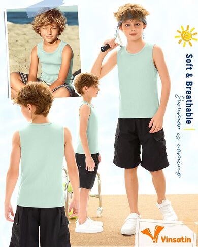 Boy's Tank Top Ribbed Sleeveless Athletic Cotton Crew Neck Basic Undershirts Casual Summer Tees for Kids 5-16 Years in Kuwait