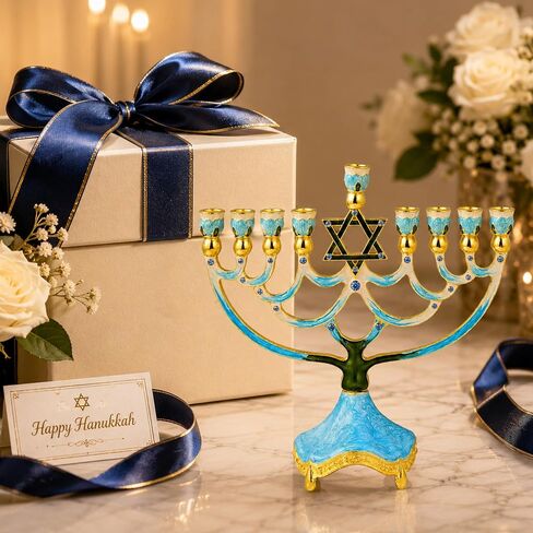شمعدان مينورا مطلي يدويًا من ماتاشي ومزخرف بلمسات ذهبية وكريستال (نجمة داود الزرقاء) in Kuwait