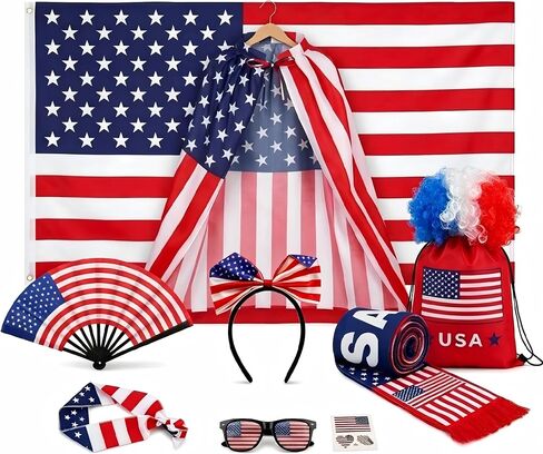 USA Soccer Fan Kit - 10 Piece Patriotic Cheer Bundle with American Flag, Cape, Wig, Scarf, Sunglasses & Accessories - All-in-One Outfit for 2026 Soccer & 4th of july in Saudi Arabia