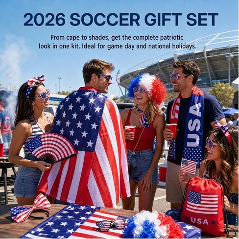 USA Soccer Fan Kit - 10 Piece Patriotic Cheer Bundle with American Flag, Cape, Wig, Scarf, Sunglasses & Accessories - All-in-One Outfit for 2026 Soccer & 4th of july in Saudi Arabia