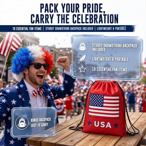 USA Soccer Fan Kit - 10 Piece Patriotic Cheer Bundle with American Flag, Cape, Wig, Scarf, Sunglasses & Accessories - All-in-One Outfit for 2026 Soccer & 4th of july in Saudi Arabia