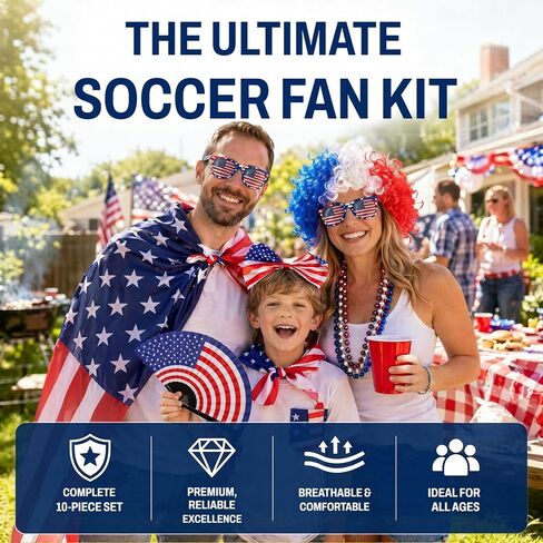 USA Soccer Fan Kit - 10 Piece Patriotic Cheer Bundle with American Flag, Cape, Wig, Scarf, Sunglasses & Accessories - All-in-One Outfit for 2026 Soccer & 4th of july in Saudi Arabia