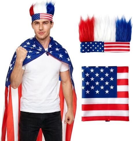 USA 4th of July Outfits Set for Men, Red White and Blue Hair/Hat & American Flag Cape Costume Clothes, Fourth of July Outfit Headband Accessories, Olympic Team USA Soccer Fans Patriotic Party Costumes in Saudi Arabia
