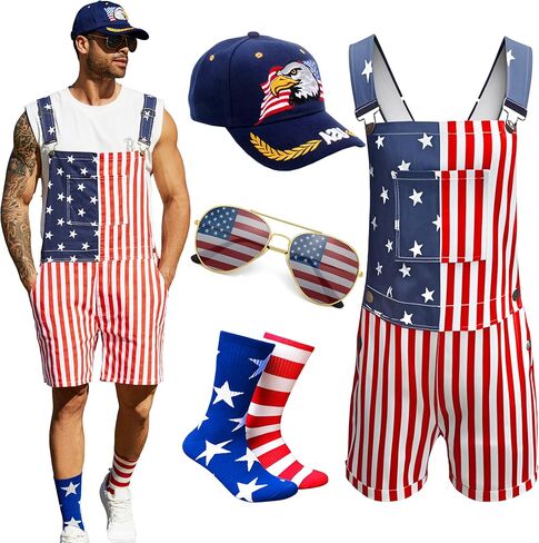 Yuanbang American Flag Overalls Men,Eagle USA Hat,4th of July Socks,Patriotic Sunglasses,4 Pcs for Memorial Labor Day in Saudi Arabia