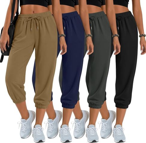 Xaatren 4 Pack Women's Capri Pants Cropped Joggers with Side Pockets Elastic Waist Drawstring Sweatpants in Kuwait
