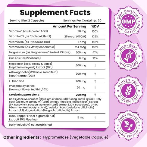 Cortisol Supplements for Women, 18-in-1 Cortisol Reducer Manager with Ashwagandha, Maca Root, Magnesium, L-Theanine, Stress Relief Support for Hormone Balance, Calm Mood, Energy & Focus, 60 Capsules in Kuwait