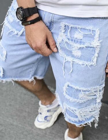 Kinghua Ripped Jean Shorts Men Summer Distressed Casual Raw Hem Jorts Stretchy Bermuda Denim Mid Rise Shorts with Pockets in Kuwait