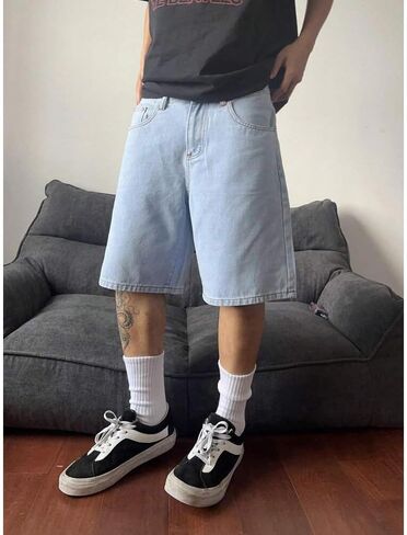 شورت جينز فضفاض للرجال بقصة فضفاضة كلاسيكية وواسعة الساق Jorts Y2K ملابس الشارع الشهير الهيب هوب شورت دينم غير رسمي in Kuwait