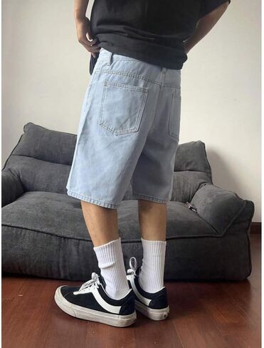 شورت جينز فضفاض للرجال بقصة فضفاضة كلاسيكية وواسعة الساق Jorts Y2K ملابس الشارع الشهير الهيب هوب شورت دينم غير رسمي in Kuwait
