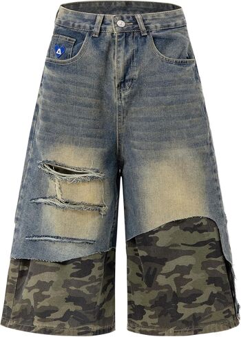 Aelfric Eden Camo Baggy Jorts Distressed Patchwork Denim Shorts Streetwear Vintage Summer Unisex Wide Leg Jean Shorts in Kuwait