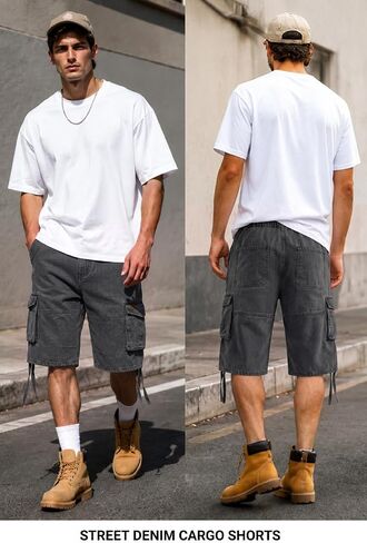 Heyfanee Mens Cargo Jean Shorts Relaxed Fit Below Knee Length Work Jorts Elastic Waist in Saudi Arabia
