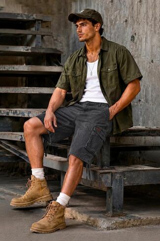 Heyfanee Mens Cargo Jean Shorts Relaxed Fit Below Knee Length Work Jorts Elastic Waist in Saudi Arabia