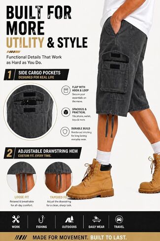 Heyfanee Mens Cargo Jean Shorts Relaxed Fit Below Knee Length Work Jorts Elastic Waist in Saudi Arabia