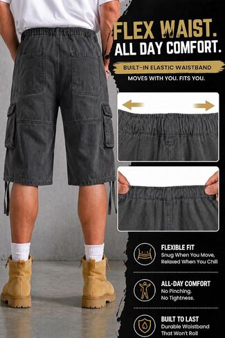 Heyfanee Mens Cargo Jean Shorts Relaxed Fit Below Knee Length Work Jorts Elastic Waist in Saudi Arabia