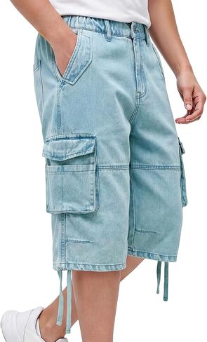 Heyfanee Mens Cargo Jean Shorts Relaxed Fit Below Knee Length Work Jorts Elastic Waist in Saudi Arabia