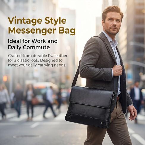 Vintage PU Leather Mens Messenger Bag - Slim Crossbody Shoulder Bag for Work, Travel & Daily Commute Casual Tablet Satchel in Saudi Arabia