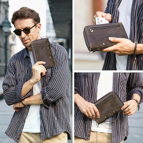 Genuine Distressed Leather Clutch Bag for Men RFID Wallet Business Card Holder Large Capacity Zipper Handbag Purse in Kuwait
