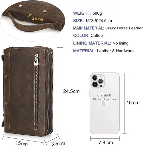 Genuine Distressed Leather Clutch Bag for Men RFID Wallet Business Card Holder Large Capacity Zipper Handbag Purse in Kuwait