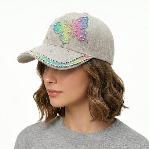 Rhinestone Butterfly Baseball Cap, Glitter Crystal Bling Hat, Adjustable Duckbill Cap, Fashion Casual Sun Hat in Saudi Arabia