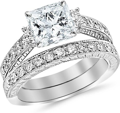 Houston Diamond District 2 to 8 Carat LAB GROWN DIAMOND Three Stone Milgrain & Filigree Bridal Set with Wedding Band & Princess Cut (E-F Color VS2-SI1 Clarity) in Kuwait