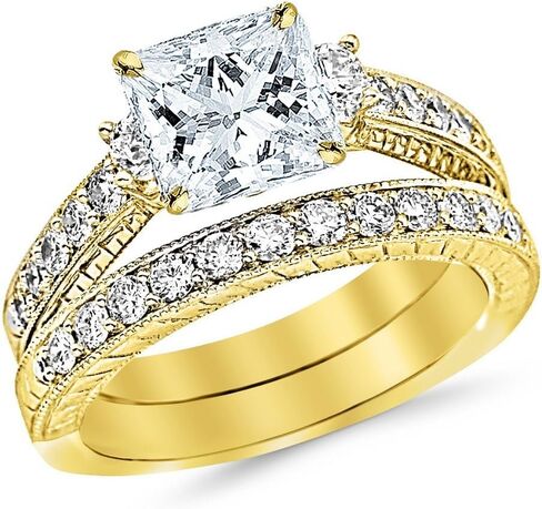 Houston Diamond District 2 to 8 Carat LAB GROWN DIAMOND Three Stone Milgrain & Filigree Bridal Set with Wedding Band & Princess Cut (E-F Color VS2-SI1 Clarity) in Kuwait