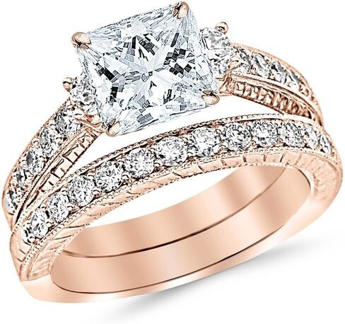 Houston Diamond District 2 to 8 Carat LAB GROWN DIAMOND Three Stone Milgrain & Filigree Bridal Set with Wedding Band & Princess Cut (E-F Color VS2-SI1 Clarity) in Kuwait