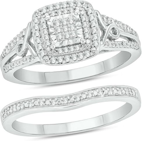 Cali Trove 1/4 Ct Natural Diamonds Double Row Engagement Band with Cluster Center | 925 Sterling Silver Bridal Rings | Wedding Set for Women | Modern Wedding Jewelry | Diamond Gifts for Her in Kuwait