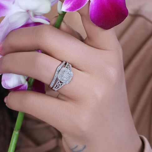 Cali Trove 1/4 Ct Natural Diamonds Double Row Engagement Band with Cluster Center | 925 Sterling Silver Bridal Rings | Wedding Set for Women | Modern Wedding Jewelry | Diamond Gifts for Her in Kuwait