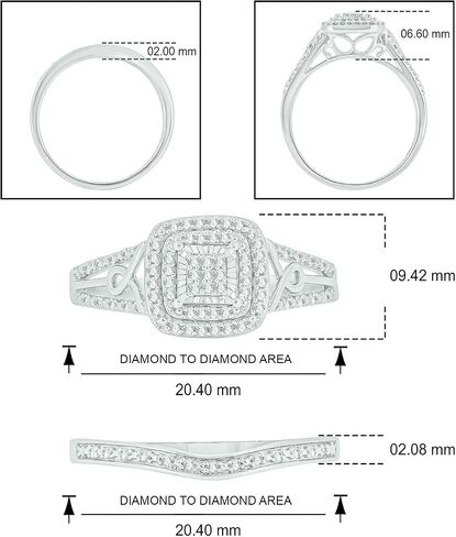 Cali Trove 1/4 Ct Natural Diamonds Double Row Engagement Band with Cluster Center | 925 Sterling Silver Bridal Rings | Wedding Set for Women | Modern Wedding Jewelry | Diamond Gifts for Her in Kuwait