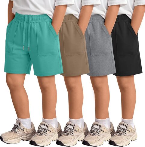 4 Pack Boys' Shorts Kids Elastic Waist Drawstring Pull on Sweat Shorts with Pockets Summer Athletic Casual in Kuwait