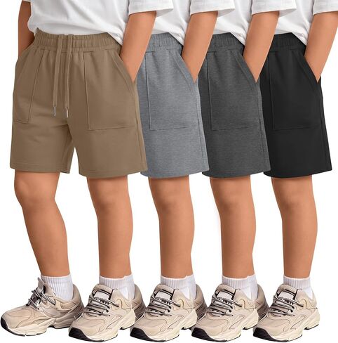 4 Pack Boys' Shorts Kids Elastic Waist Drawstring Pull on Sweat Shorts with Pockets Summer Athletic Casual in Kuwait
