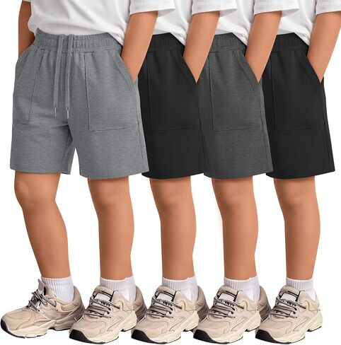 4 Pack Boys' Shorts Kids Elastic Waist Drawstring Pull on Sweat Shorts with Pockets Summer Athletic Casual in Kuwait