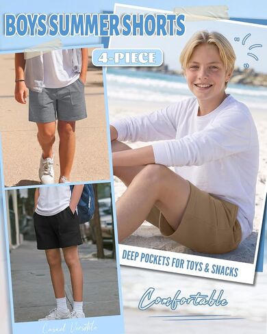 4 Pack Boys' Shorts Kids Elastic Waist Drawstring Pull on Sweat Shorts with Pockets Summer Athletic Casual in Kuwait