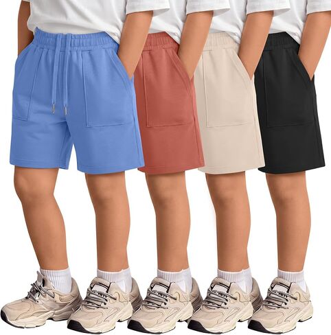 4 Pack Boys' Shorts Kids Elastic Waist Drawstring Pull on Sweat Shorts with Pockets Summer Athletic Casual in Kuwait