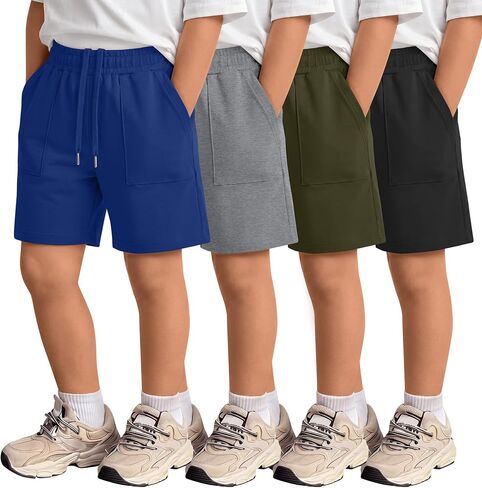 4 Pack Boys' Shorts Kids Elastic Waist Drawstring Pull on Sweat Shorts with Pockets Summer Athletic Casual in Kuwait