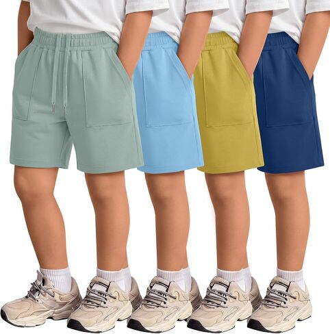 4 Pack Boys' Shorts Kids Elastic Waist Drawstring Pull on Sweat Shorts with Pockets Summer Athletic Casual in Kuwait