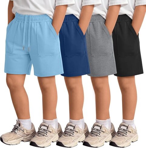 4 Pack Boys' Shorts Kids Elastic Waist Drawstring Pull on Sweat Shorts with Pockets Summer Athletic Casual in Kuwait