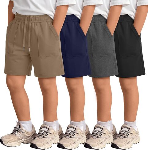 4 Pack Boys' Shorts Kids Elastic Waist Drawstring Pull on Sweat Shorts with Pockets Summer Athletic Casual in Kuwait