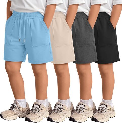 4 Pack Boys' Shorts Kids Elastic Waist Drawstring Pull on Sweat Shorts with Pockets Summer Athletic Casual in Kuwait