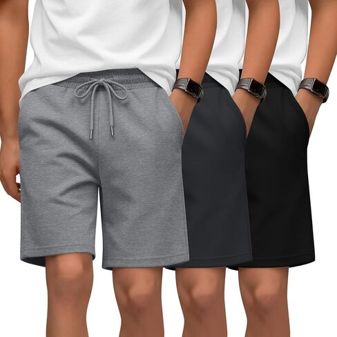 3 Pack Boy's Shorts Athletic Elastic Waist Drawstring Shorts for Kids with Pockets Summer Stretchy Casual Clothes in Kuwait