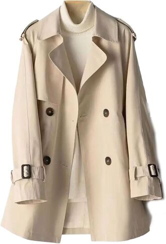 Womens Short Trench Coat Solid Color Lapel Long Sleeve Windproof Classical Office Daily Outerwear in Kuwait