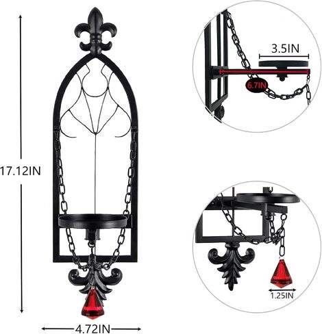 We Moment Gothic Candle Sconce Set of 2, Black Metal Medieval Chain Candle Holder with Red Acrylic Crystals, Retro Vintage Wall Decor for Home, Bedroom, Living Room, Dining Room in Saudi Arabia