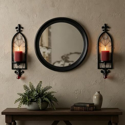 We Moment Gothic Candle Sconce Set of 2, Black Metal Medieval Chain Candle Holder with Red Acrylic Crystals, Retro Vintage Wall Decor for Home, Bedroom, Living Room, Dining Room in Saudi Arabia