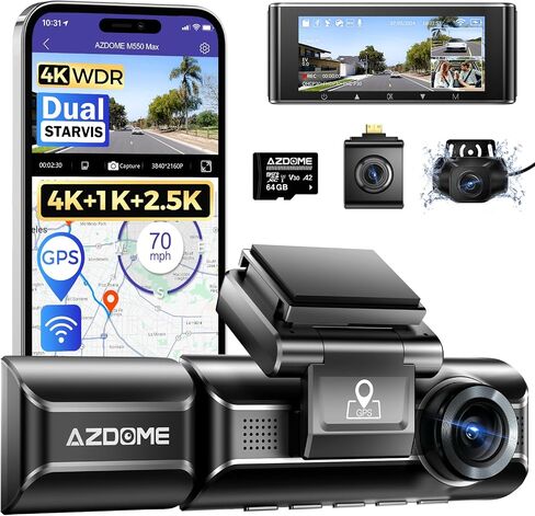 AZDOME 4K 3 Channel Dash Cam, 4K+1080P+2.5K Front and Rear Inside Built-in WiFi GPS, 64GB Card Included, Triple Car Camera with 3.19" Screen, IR Night Vision, WDR, 24H Parking Mode (M550 Max) in Kuwait