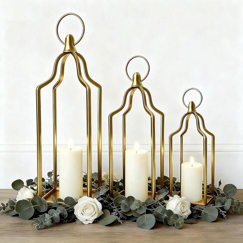 Rustic Farmhouse Decor Metal Lantern Set of 3 Decorative Lanterns for Home Indoor Outdoor Living Room, Fireplace, Patio, Wedding & Kitchen Table Centerpieces (Gold, 16.9"+14.5"+12.2") in Saudi Arabia
