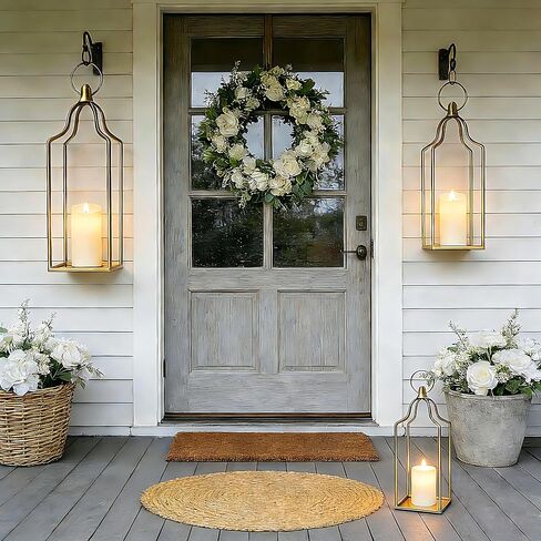 Rustic Farmhouse Decor Metal Lantern Set of 3 Decorative Lanterns for Home Indoor Outdoor Living Room, Fireplace, Patio, Wedding & Kitchen Table Centerpieces (Gold, 16.9"+14.5"+12.2") in Saudi Arabia
