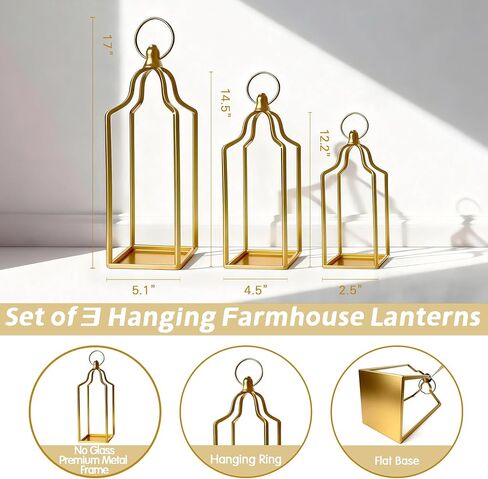 Rustic Farmhouse Decor Metal Lantern Set of 3 Decorative Lanterns for Home Indoor Outdoor Living Room, Fireplace, Patio, Wedding & Kitchen Table Centerpieces (Gold, 16.9"+14.5"+12.2") in Saudi Arabia