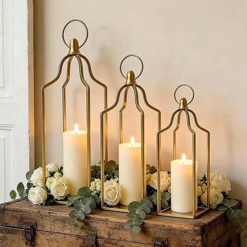 Rustic Farmhouse Decor Metal Lantern Set of 3 Decorative Lanterns for Home Indoor Outdoor Living Room, Fireplace, Patio, Wedding & Kitchen Table Centerpieces (Gold, 16.9"+14.5"+12.2") in Saudi Arabia