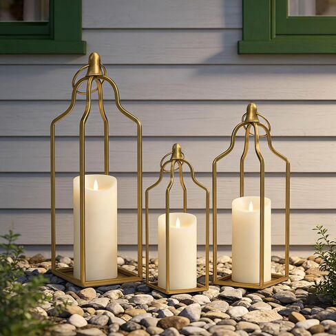Rustic Farmhouse Decor Metal Lantern Set of 3 Decorative Lanterns for Home Indoor Outdoor Living Room, Fireplace, Patio, Wedding & Kitchen Table Centerpieces (Gold, 16.9"+14.5"+12.2") in Saudi Arabia